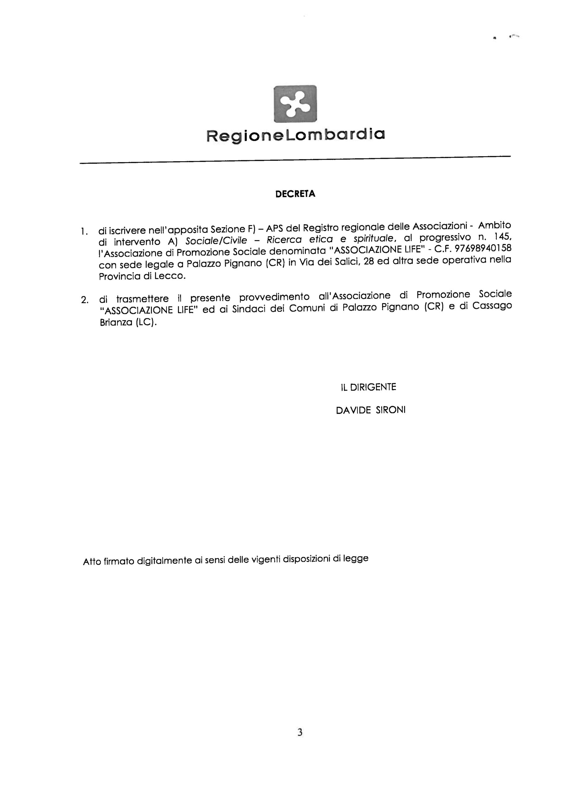 Accreditamento Associazione LIFE presso Regione Lombardia